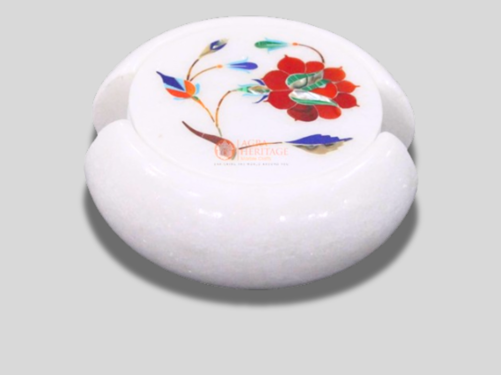 White Marble Coaster Set Carnelian Floral Inlay Home Decor Art